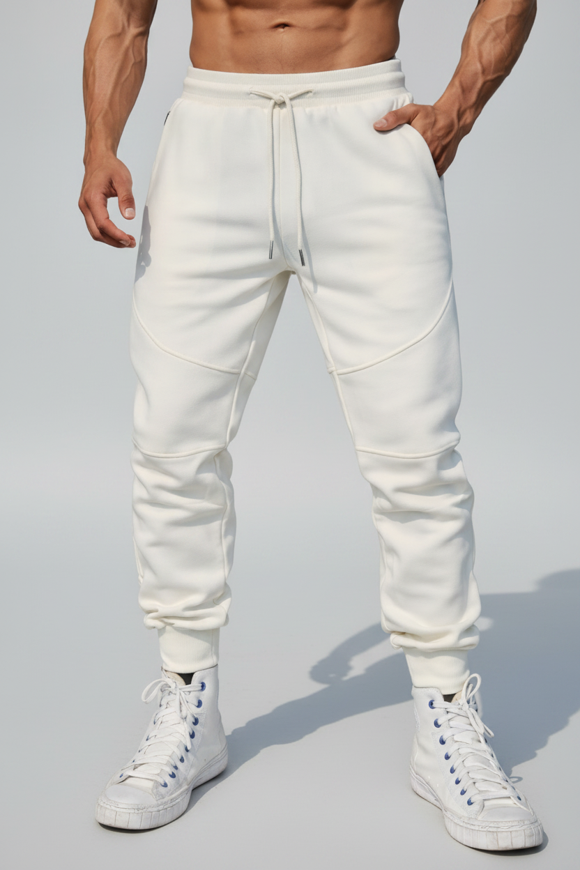 Person wearing white jogger pants and white sneakers on a rooftop.