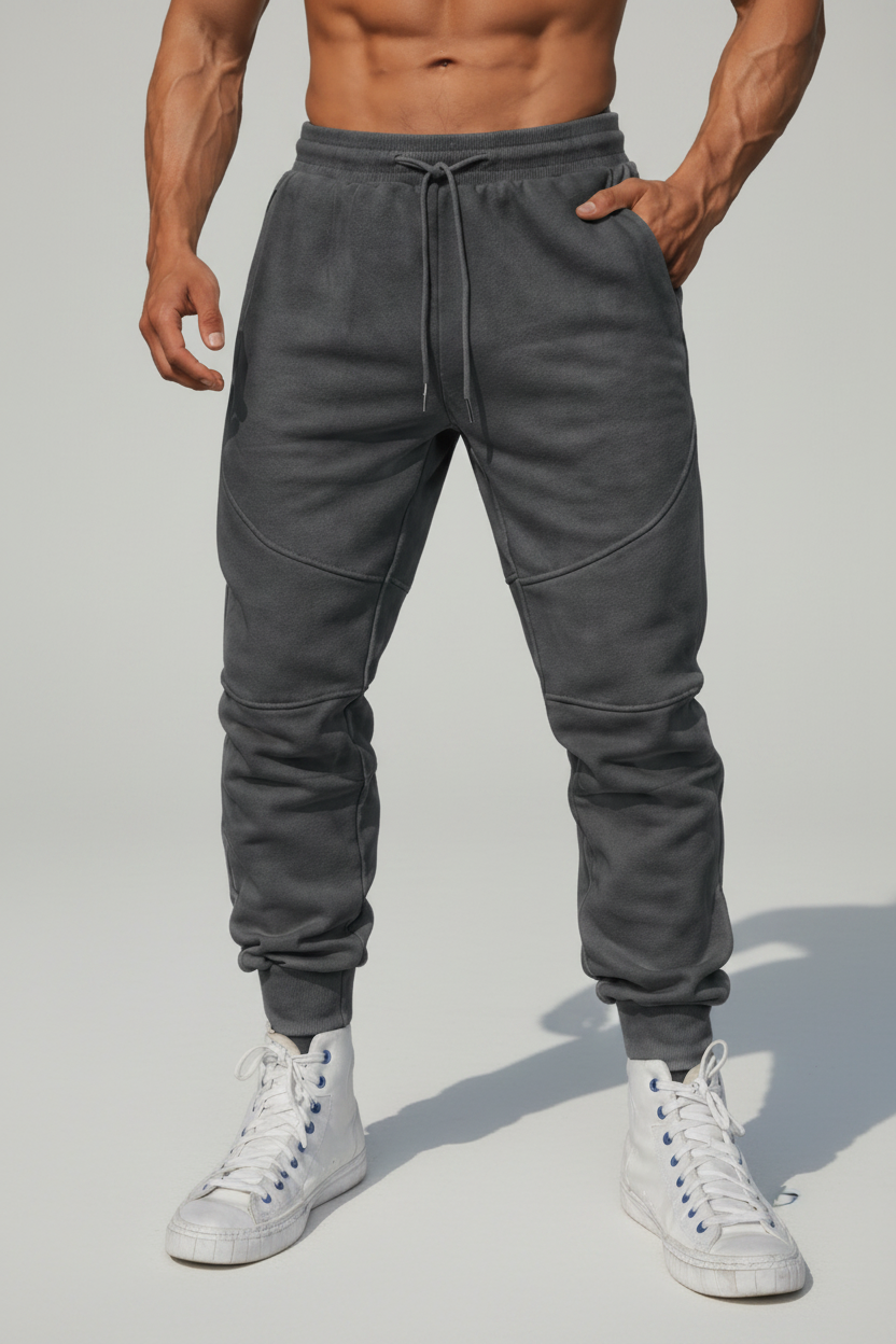 Person wearing gray sweatpants and white sneakers on a rooftop.