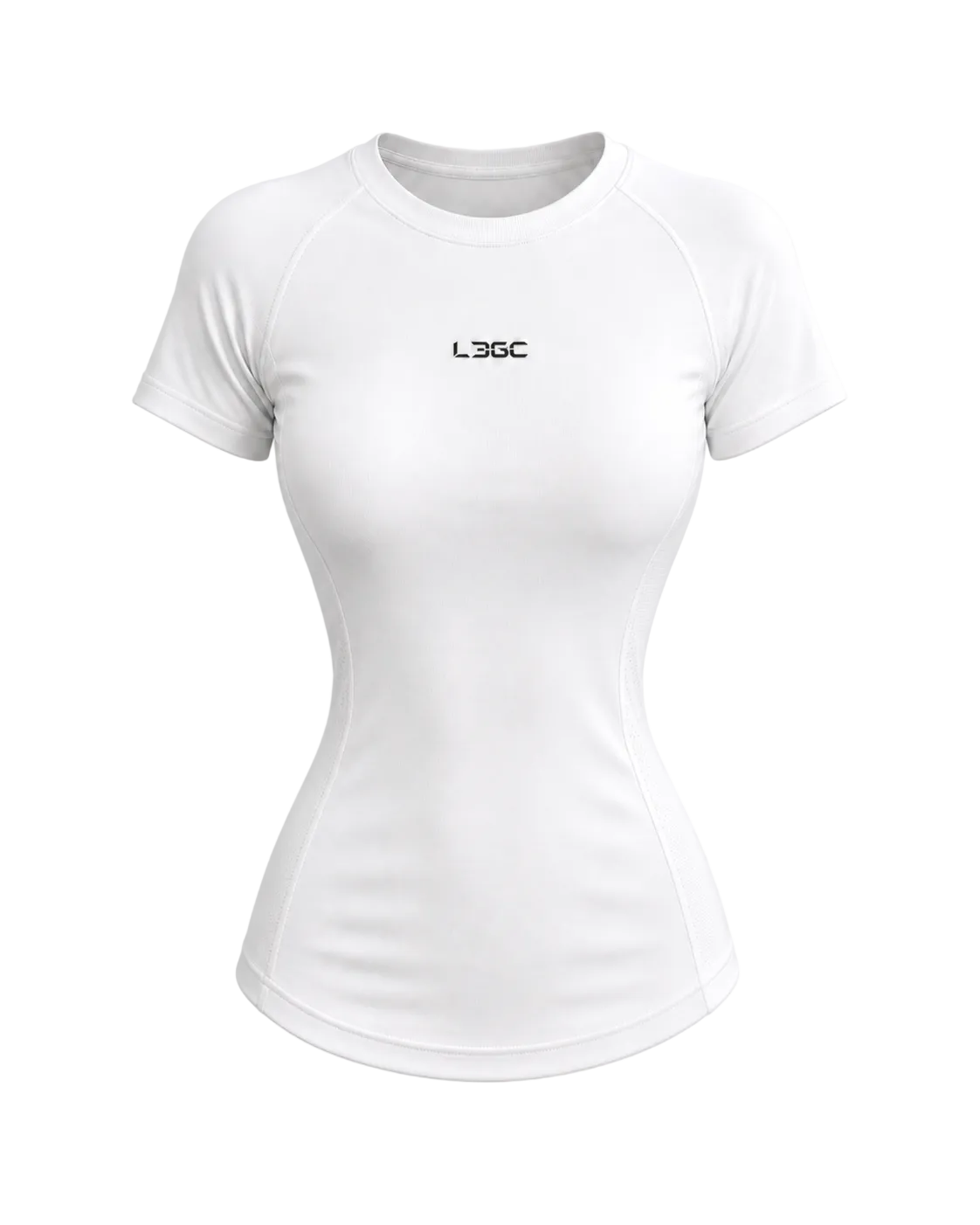 White t-shirt with a logo on a light gray background