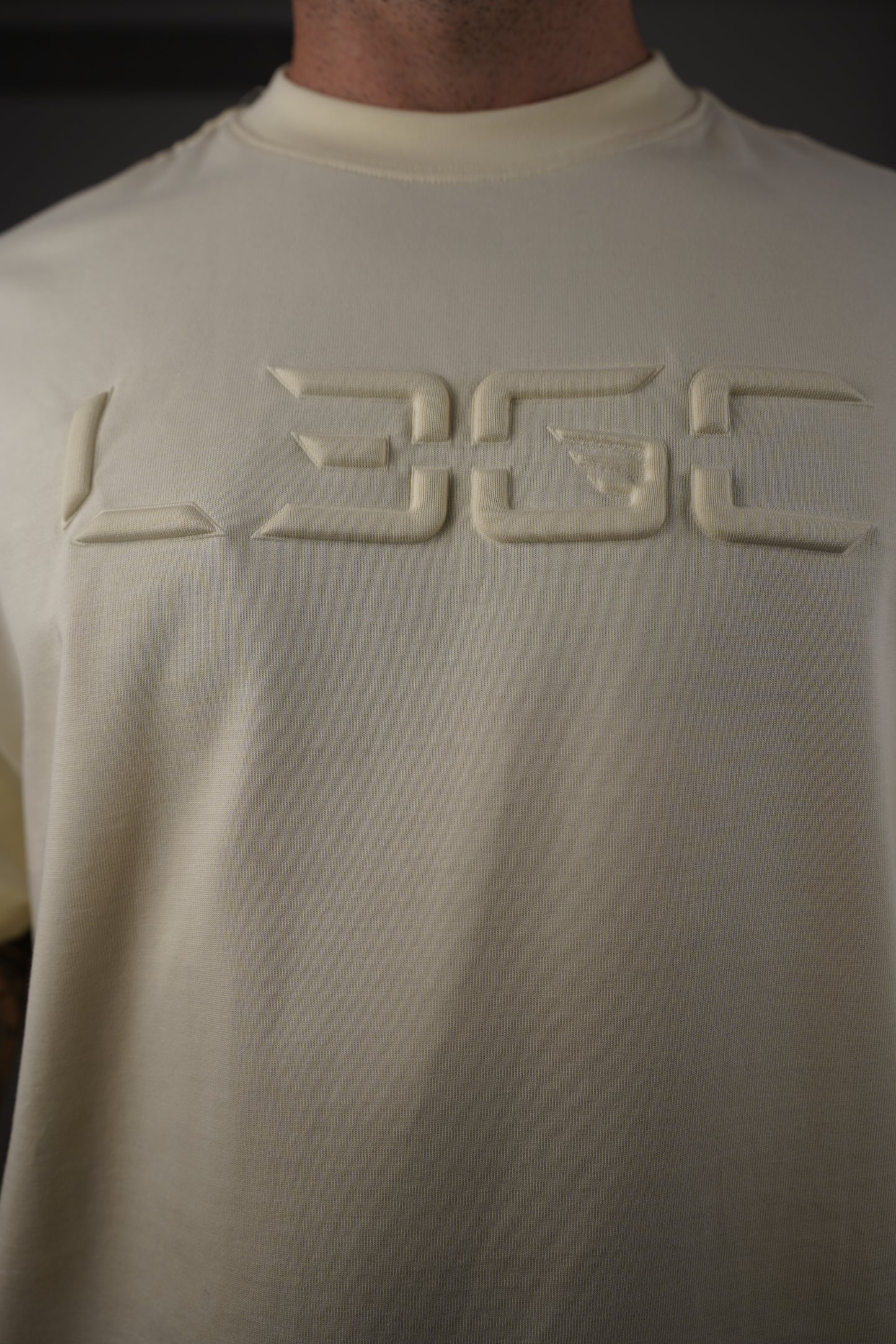 Close-up of a beige sleeve with a logo on a person wearing a shirt.