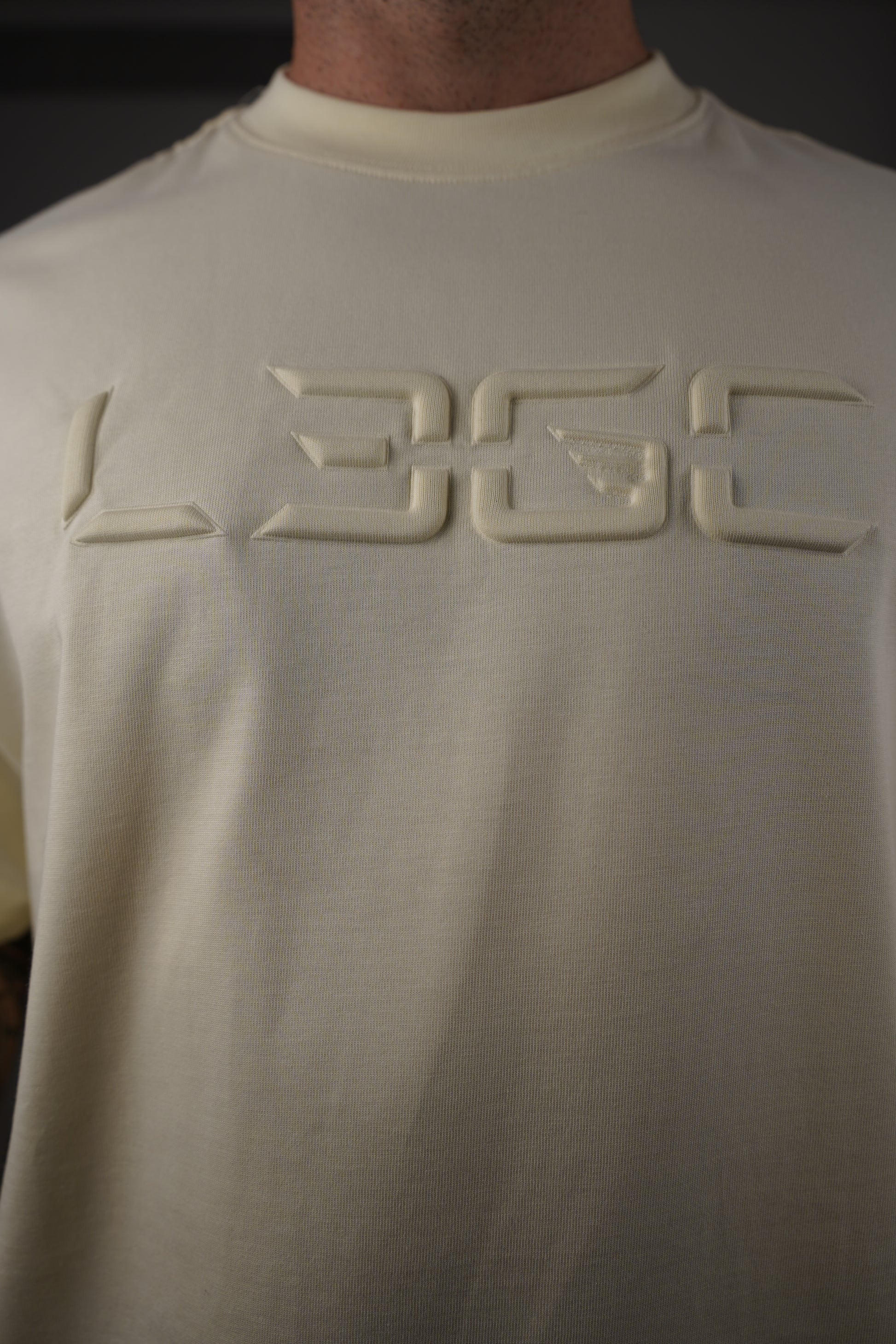 Close-up of a beige sleeve with a logo on a person wearing a shirt.