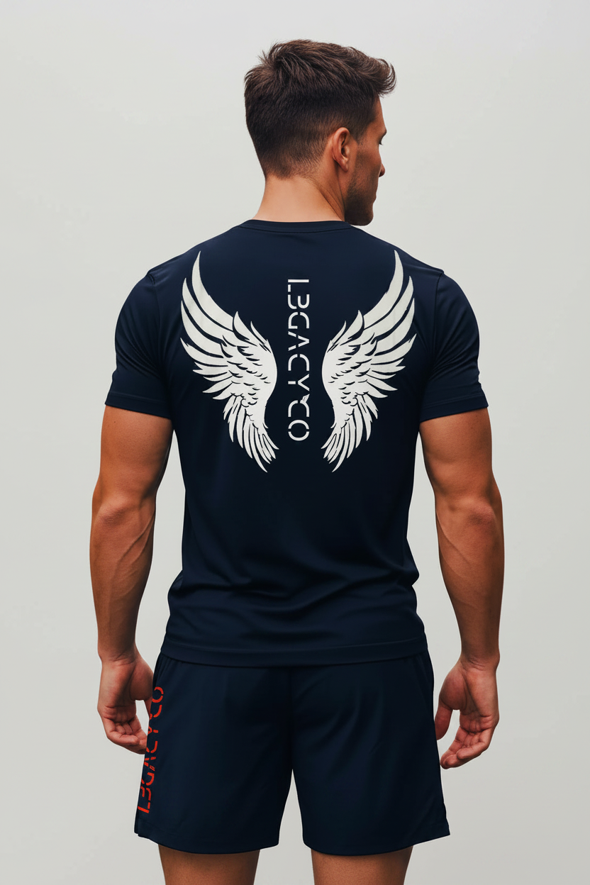 A person wearing a black T-shirt with a white winged design on the back, standing on a street.
