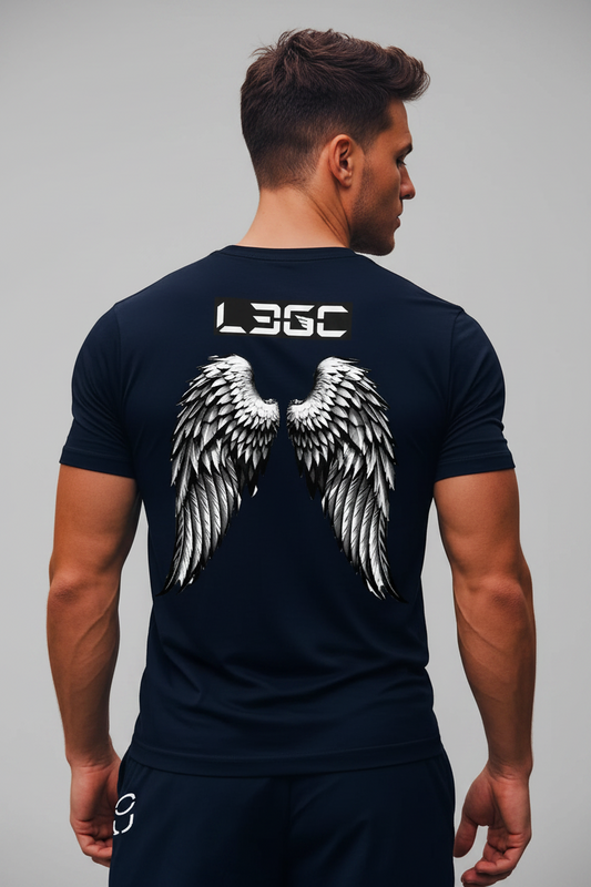 A person wearing a black T-shirt with a winged design and the text 'LEGC' on the back.