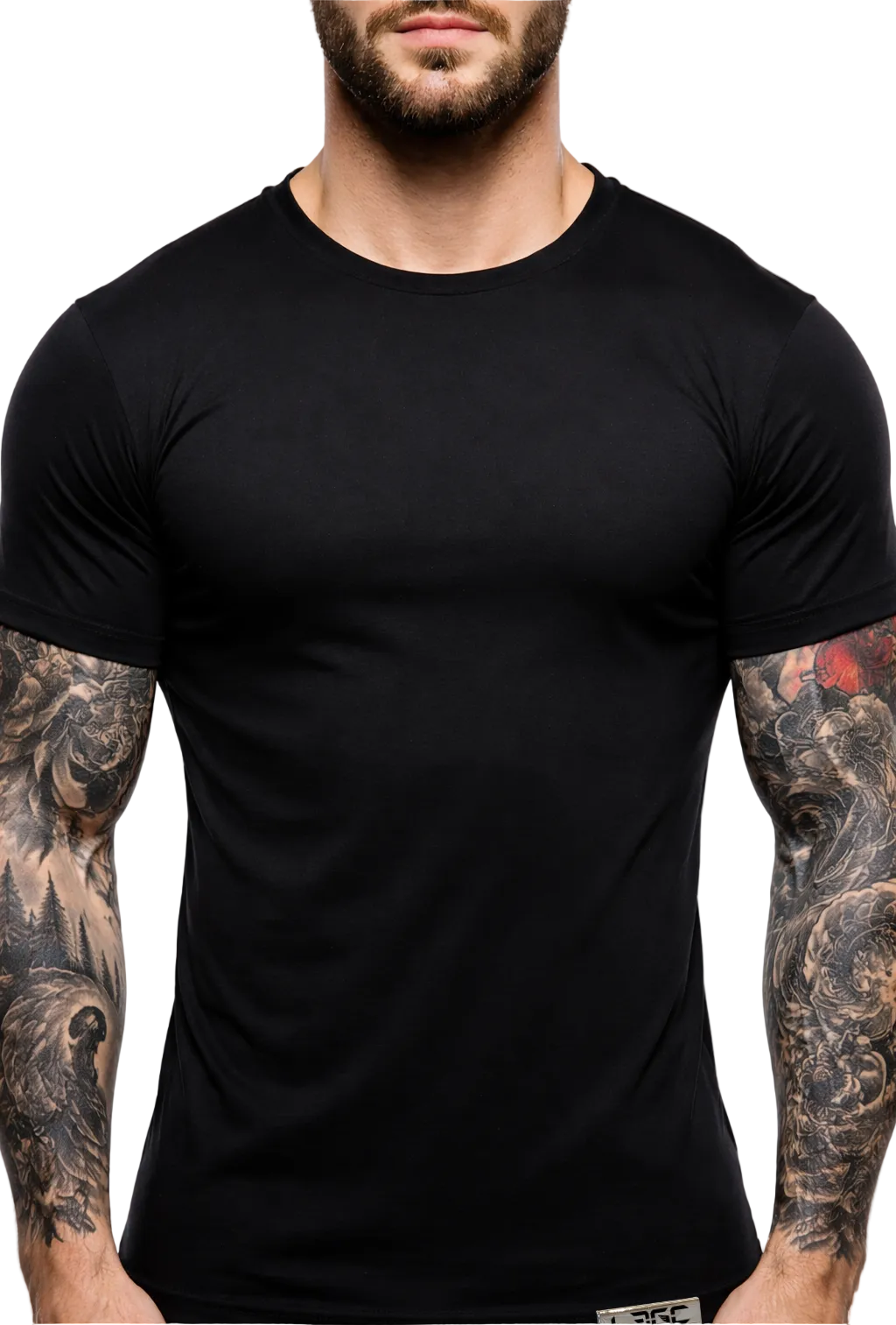 Man wearing a black t-shirt with tattoos on arms