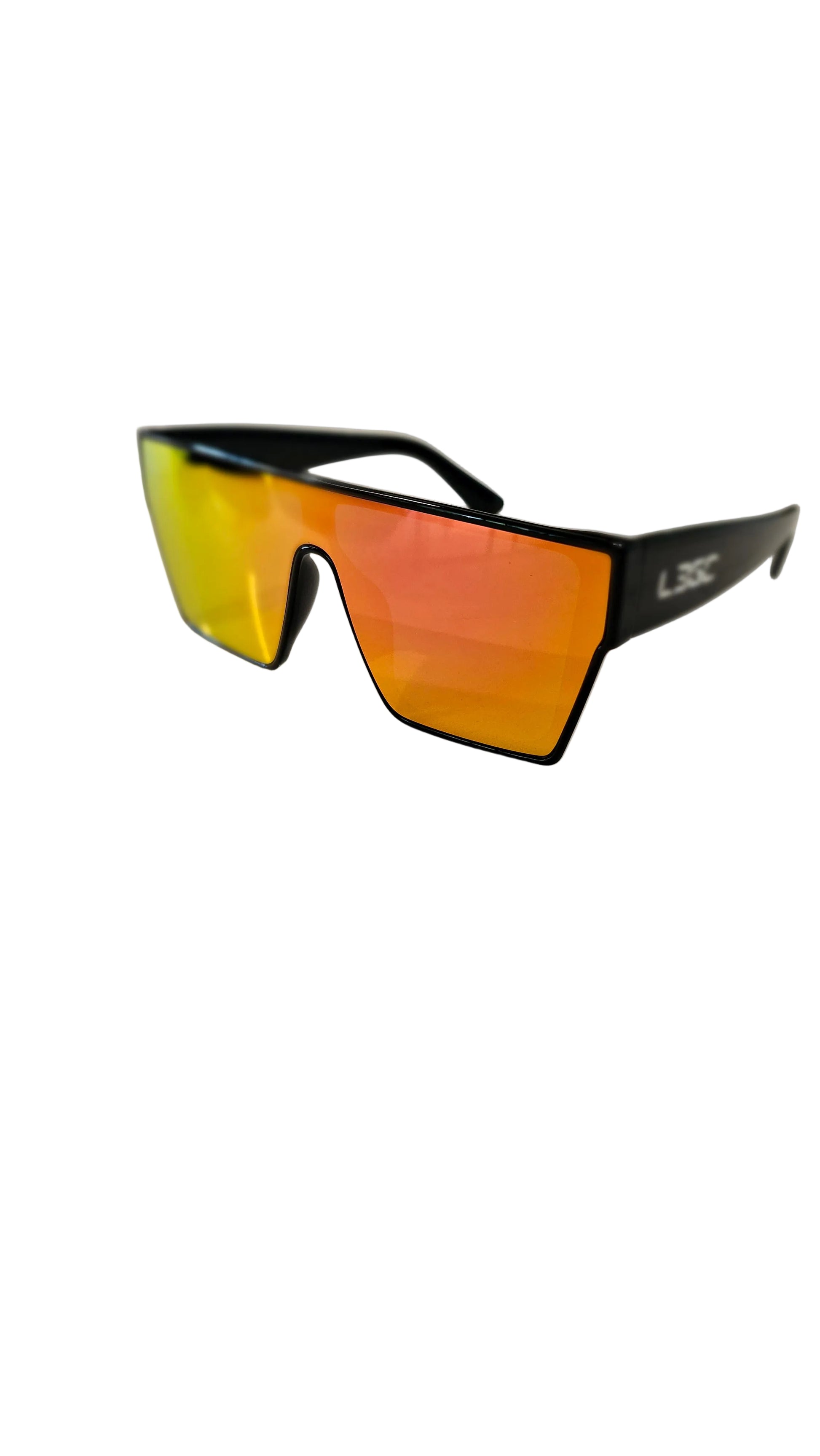 A pair of sunglasses with black frames and blue mirrored lenses, featuring the logo 'LEGC' on the temples.