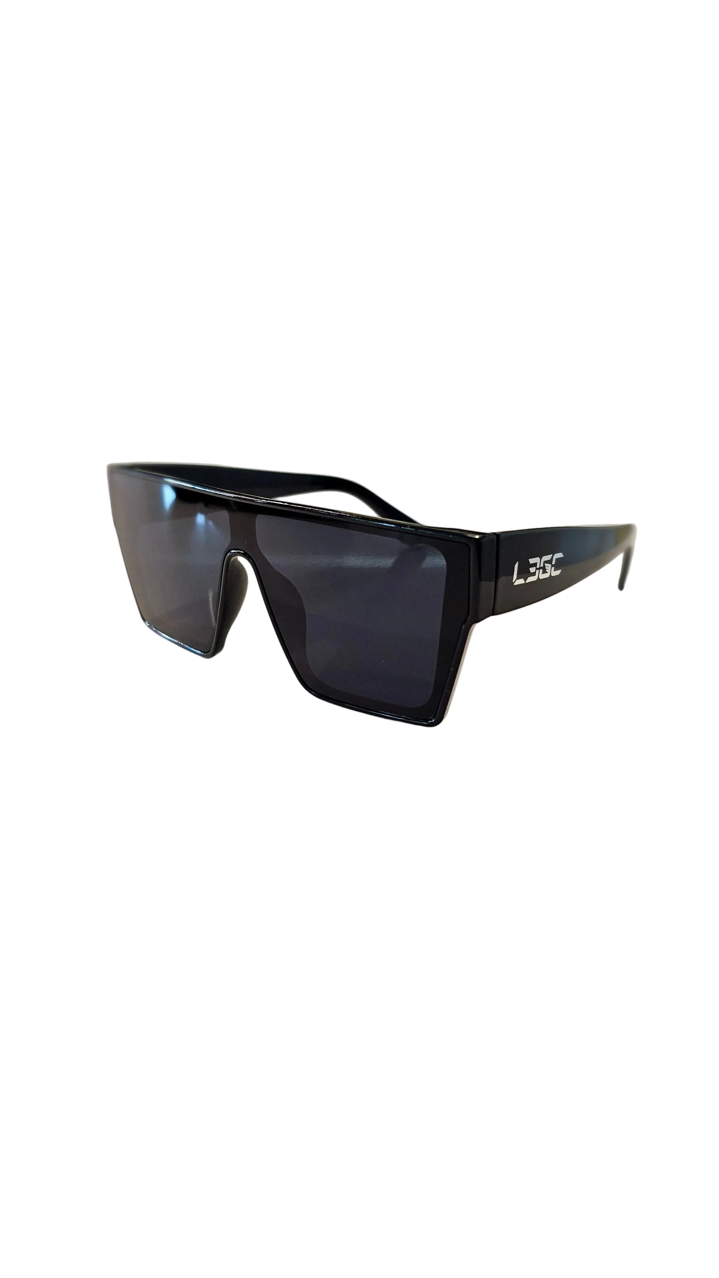 A pair of sunglasses with black frames and blue mirrored lenses, featuring the logo 'LEGC' on the temples.