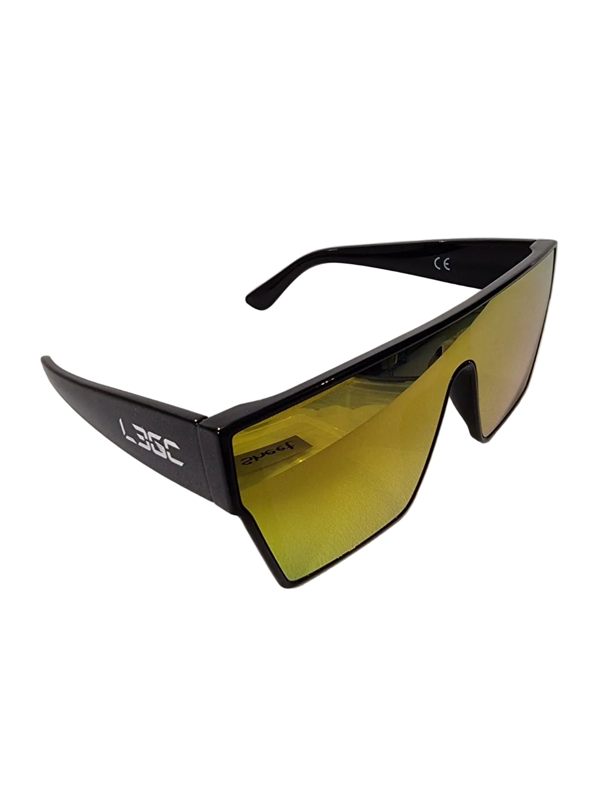 A pair of sunglasses with black frames and blue mirrored lenses, featuring the logo 'LEGC' on the temples.