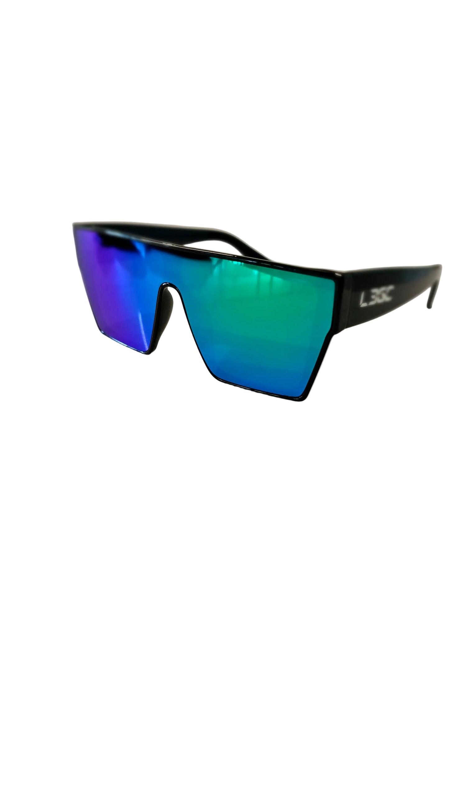 A pair of sunglasses with black frames and blue mirrored lenses, featuring the logo 'LEGC' on the temples.