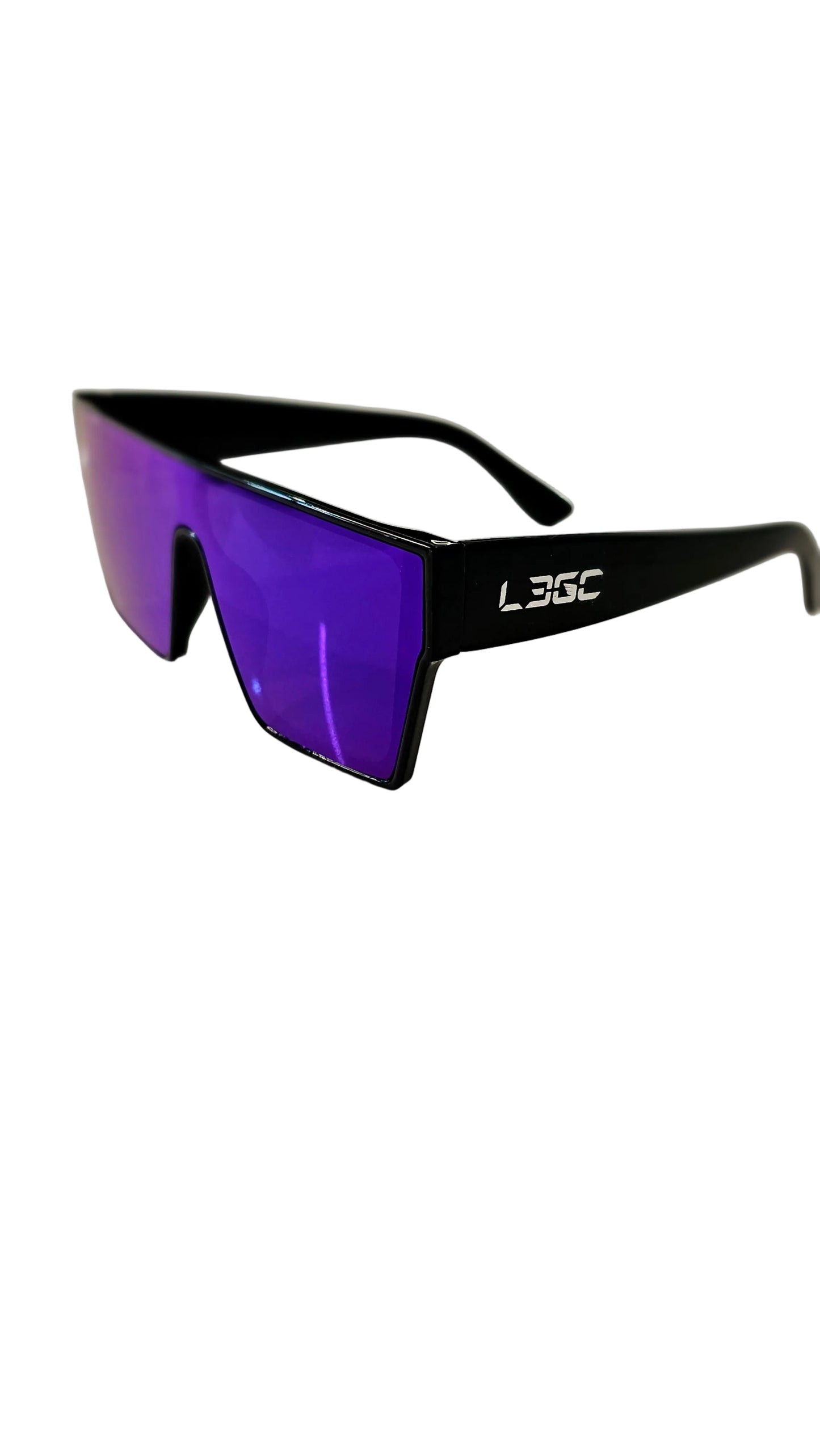 A pair of sunglasses with black frames and blue mirrored lenses, featuring the logo 'LEGC' on the temples.