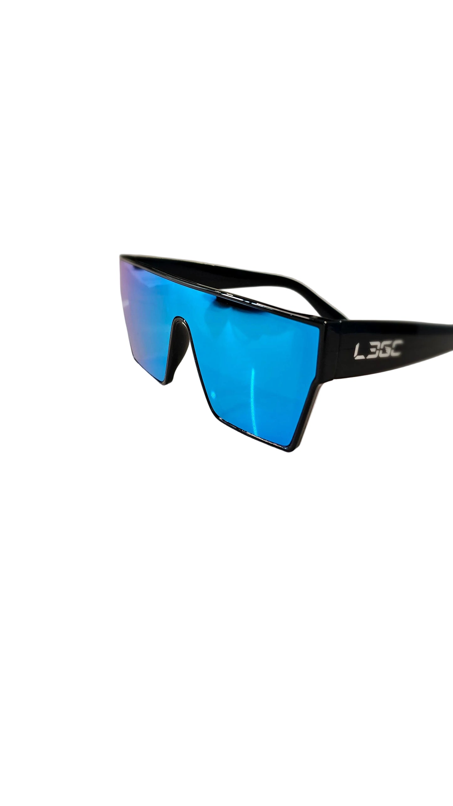 A pair of sunglasses with black frames and blue mirrored lenses, featuring the logo 'LEGC' on the temples.