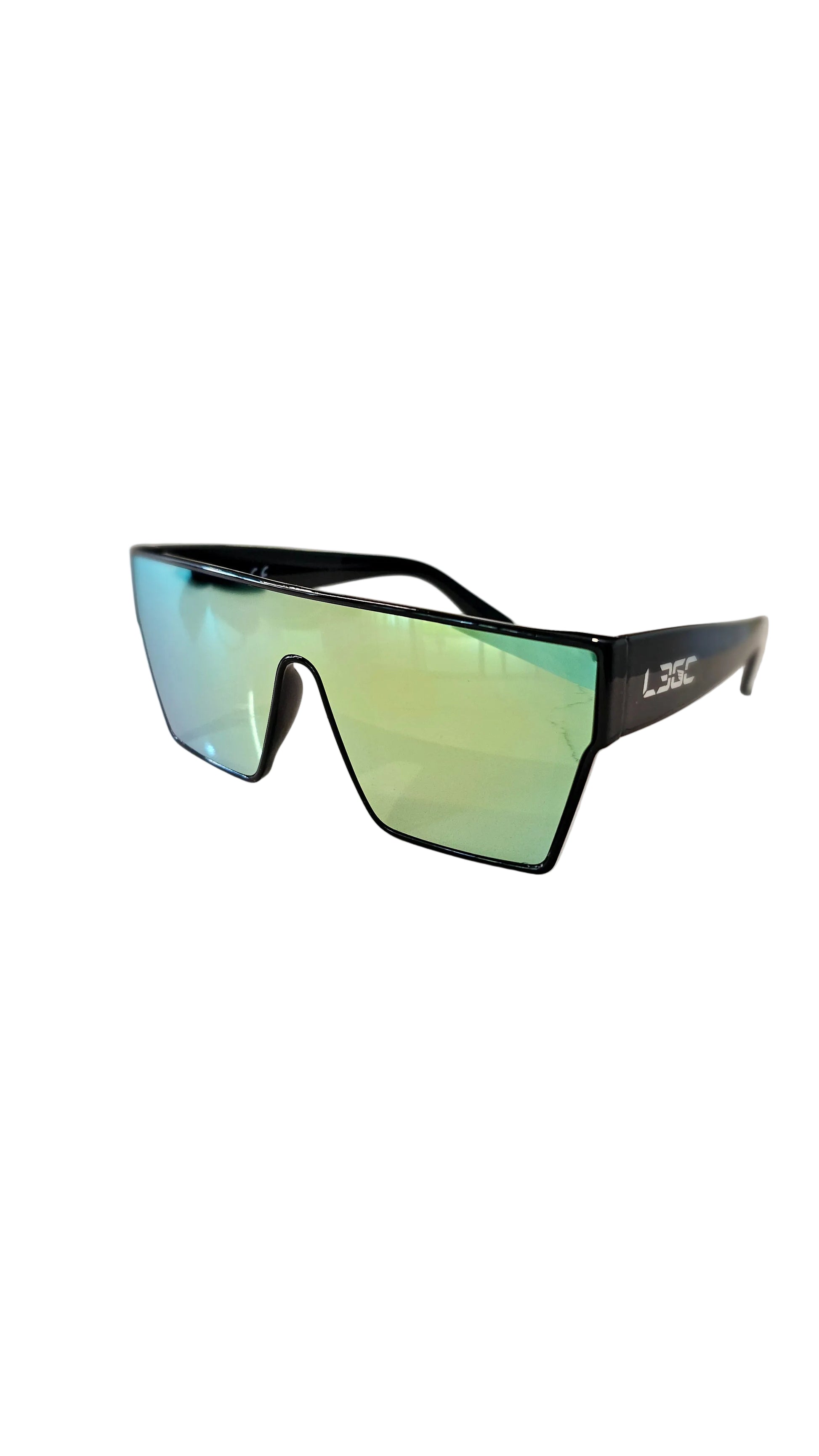 Multicolored sunglasses on a white surface with a blurred background